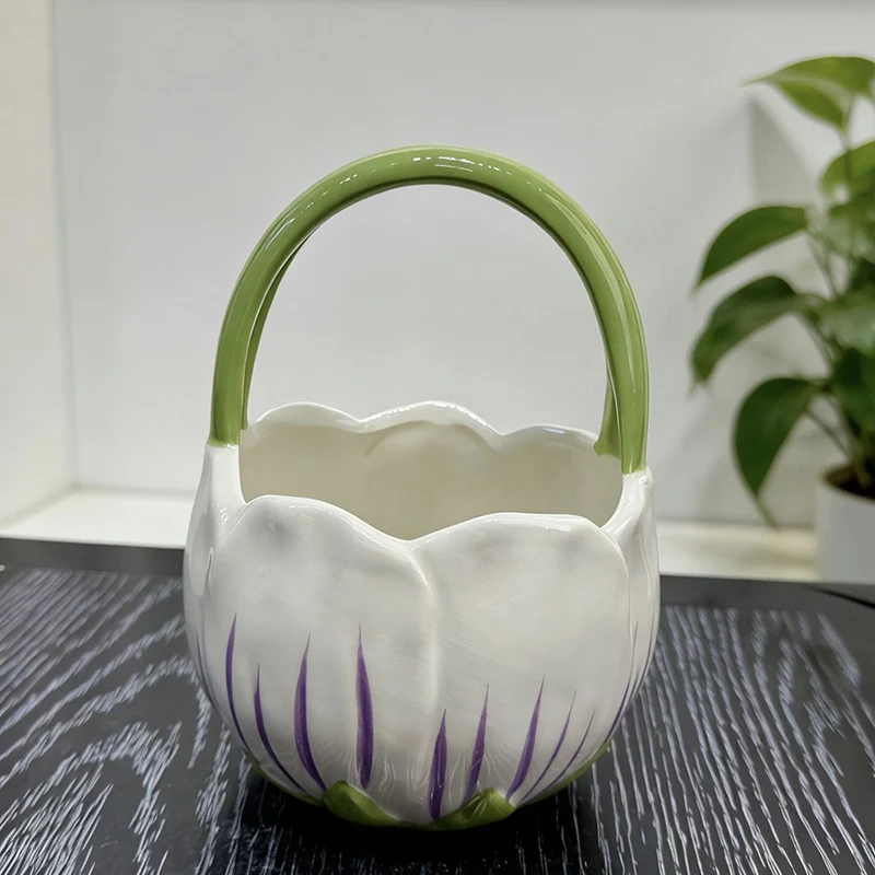 Ceramic Handbag Flower Basket with Lotus Decor Underglaze Vase for Table Storage Home Decoration