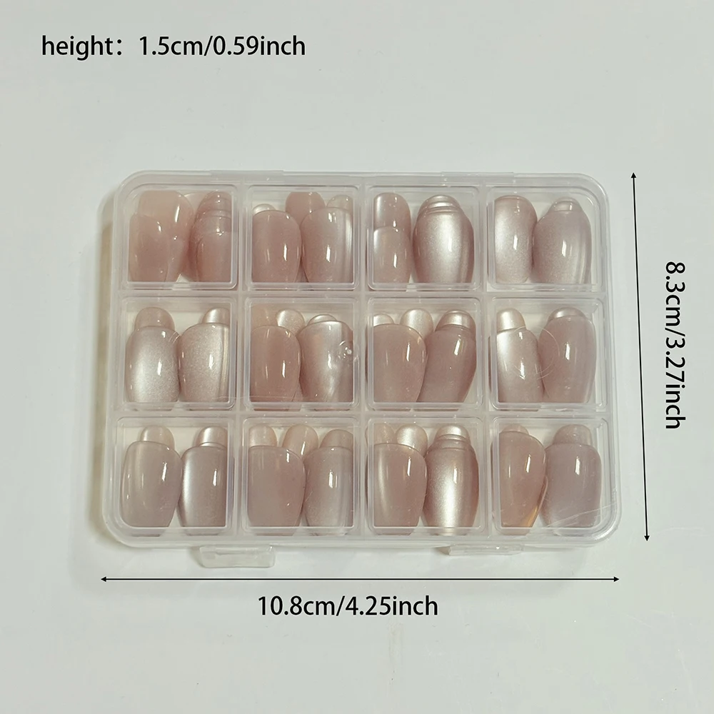 144 stuks naakt roze glitter cat eye nepnagels korte ovale jelly cat's eye volledige dekking druk op nagels voor vrouwen draagbare kunstnagels #