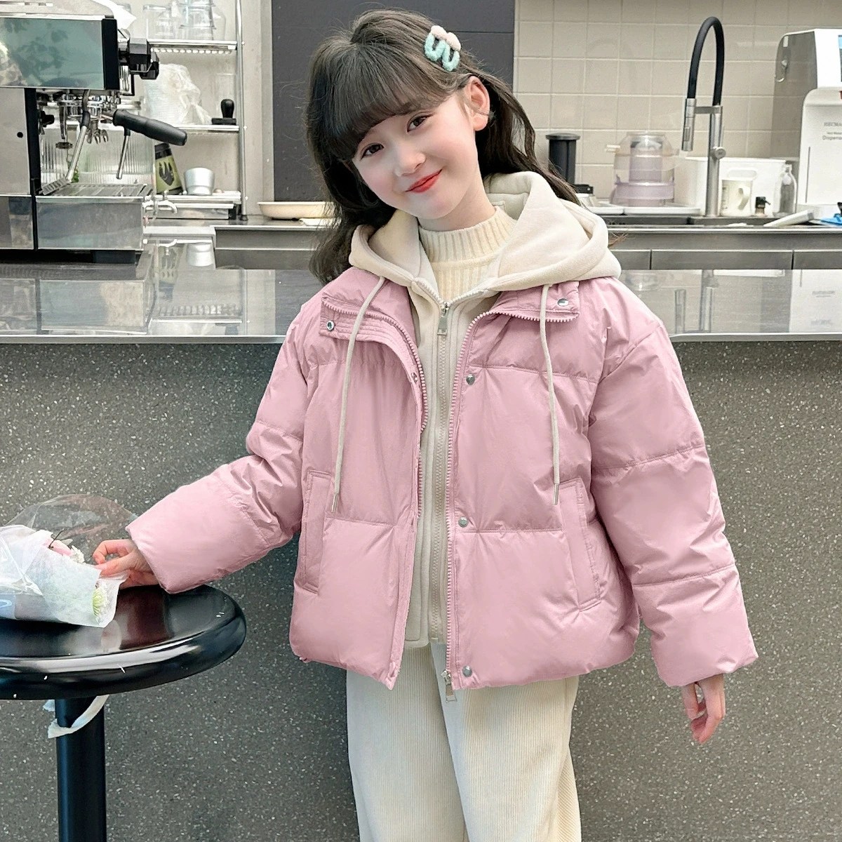 

2025 New Girls' Cotton Jacket Thickened Short Children's Coat Hooded Warmth Outerwear Winter Kids Clothes RM76