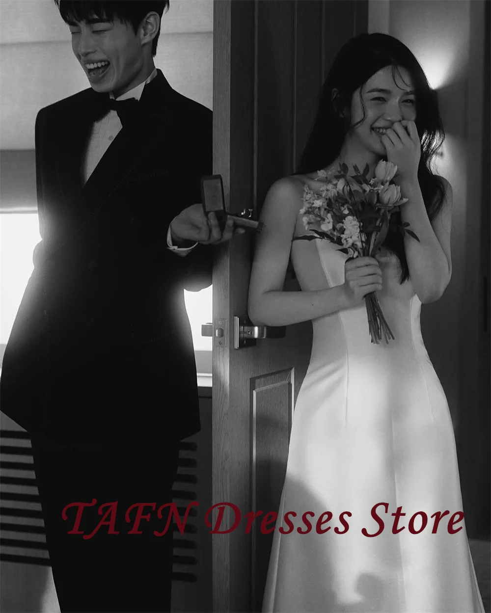 

TAFN Simple Strapless Wedding Dresses Korea Photoshoot Silk Satin A-line Bridal Gowns Sleeveless Lace-up Floor Length Customized