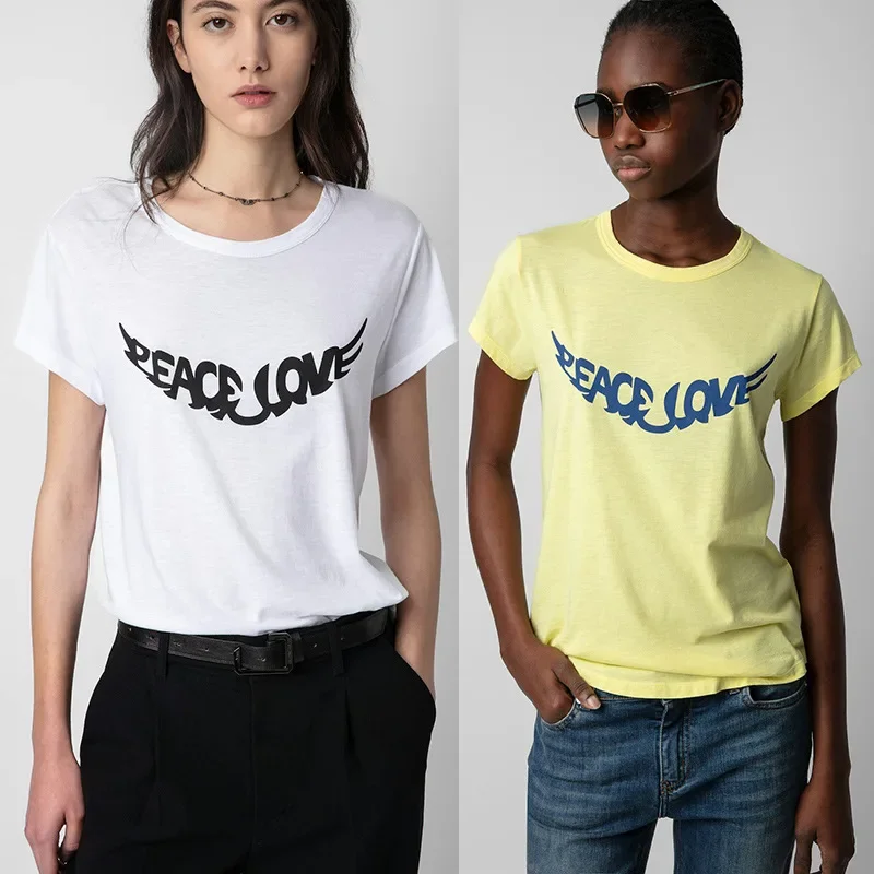 

Summer new French niche front wing print cotton yellow white crew neck women's short-sleeved T-shirt