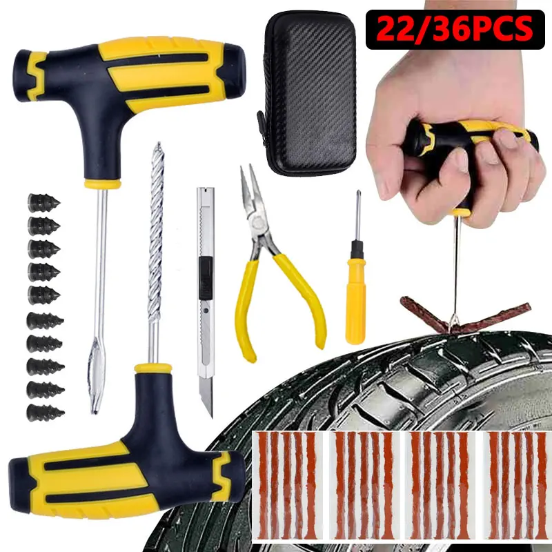 Car Tire Repair Kit 22/36 Pieces Car Universal Emergency Tool Kit For Flat Tire Puncture Repair, Fit For Autos, Cars, Motorcycle