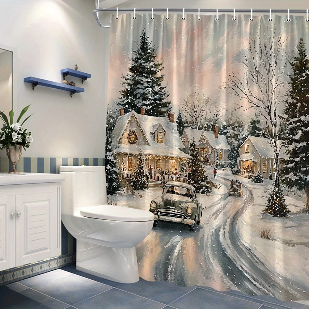 Christmas Shower Curtain - Vintage Green Car Family Christmas Drive Snowy Village Scene with Festive Lights