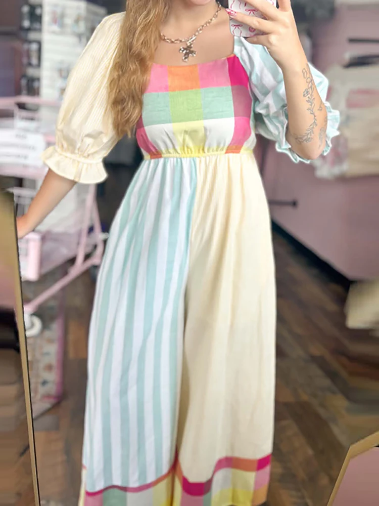 Casual Square Neck Bubble Sleeve Office Romper Chic Contrast Striped High Waisted Jumpsuit Trendy Splice Loose Wide Leg Bodysuit