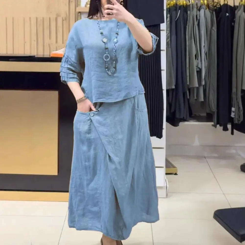 

Женский летний льняной комплект 2026: блузка с круглым вырезом и коротким рукавом, свободная юбка миди, комплект из 2 предметов (топ и юбка)