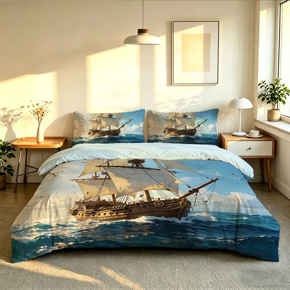 3pcs Ocean Sailboat Printed Coreless Duvet Set, Multi Size Bedroom Bedding Decoration, Machine Washable