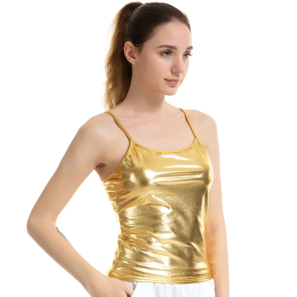 Haut court brillant en cuir métallique pour femmes, gilet sans manches, bretelles Spaghetti, débardeur de sport, fête dorée, Jazz Hip Pop, vêtements de danse