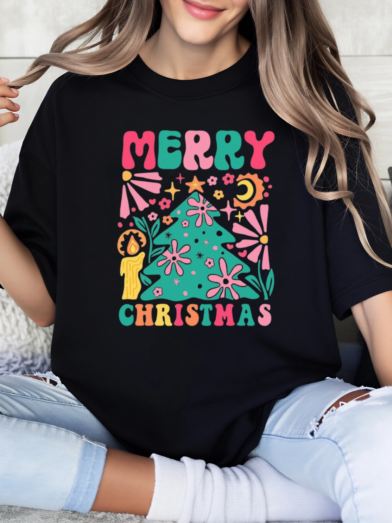 Frohe Weihnachten Baum Blume Kerze Druck Urlaub T Shirt Frauen Casual Wear Party Outfit Schwarz Plus-Größe