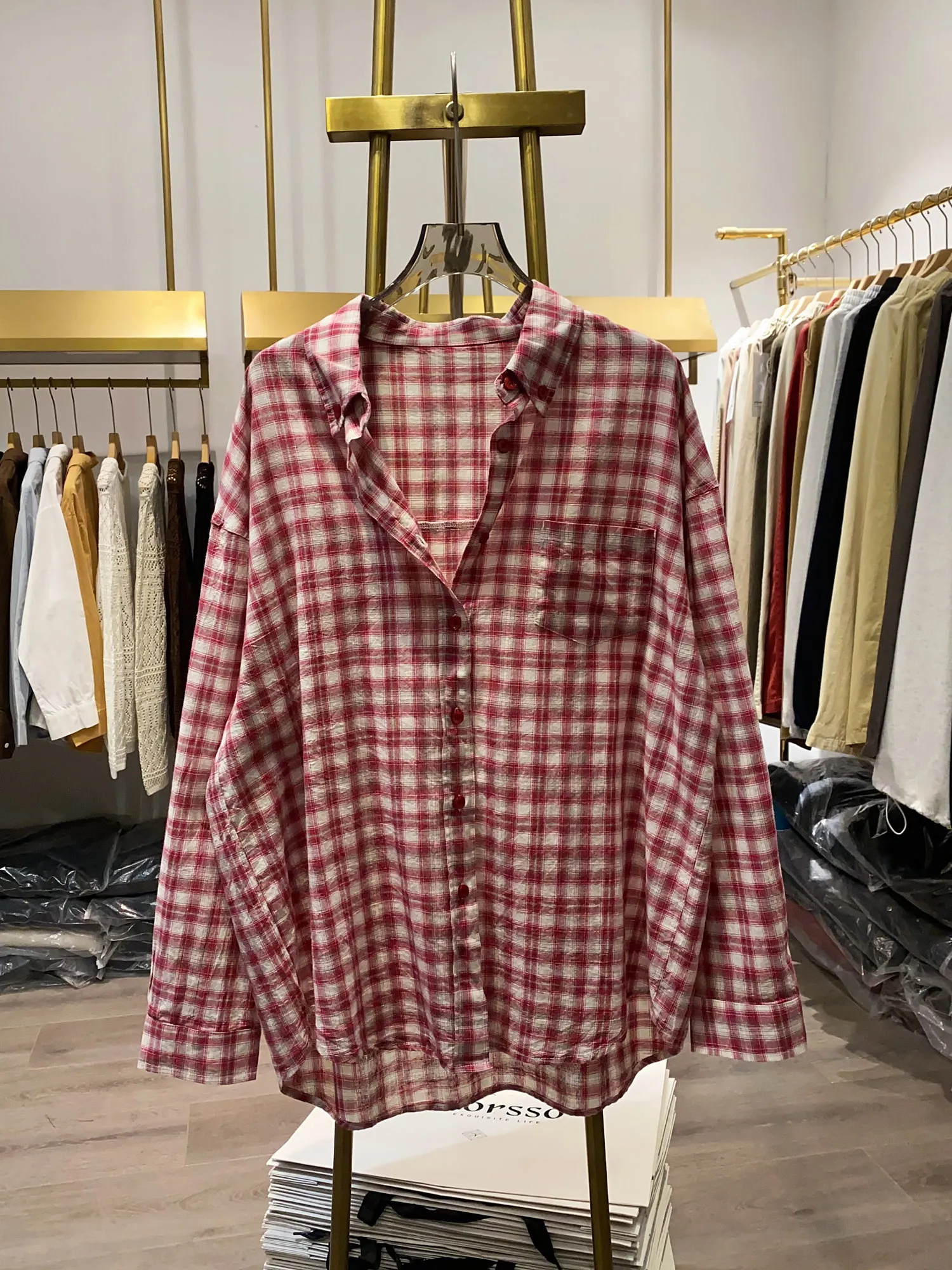 

New Autumn Women's Korean Retro Red Plaid Lapel Cargo Shirt Long Sleeve Street Style Loose Casual Spliced Harajuku Top