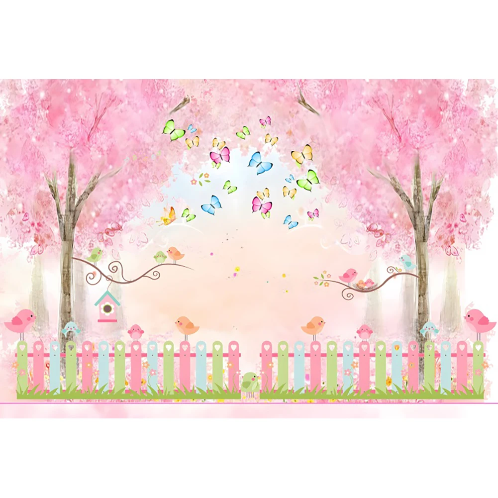 Laeacco Spring Pink Watercolor Floral Birds Butterfly Backdrop Girl Princess Birthday Portrait Customized Photography Background