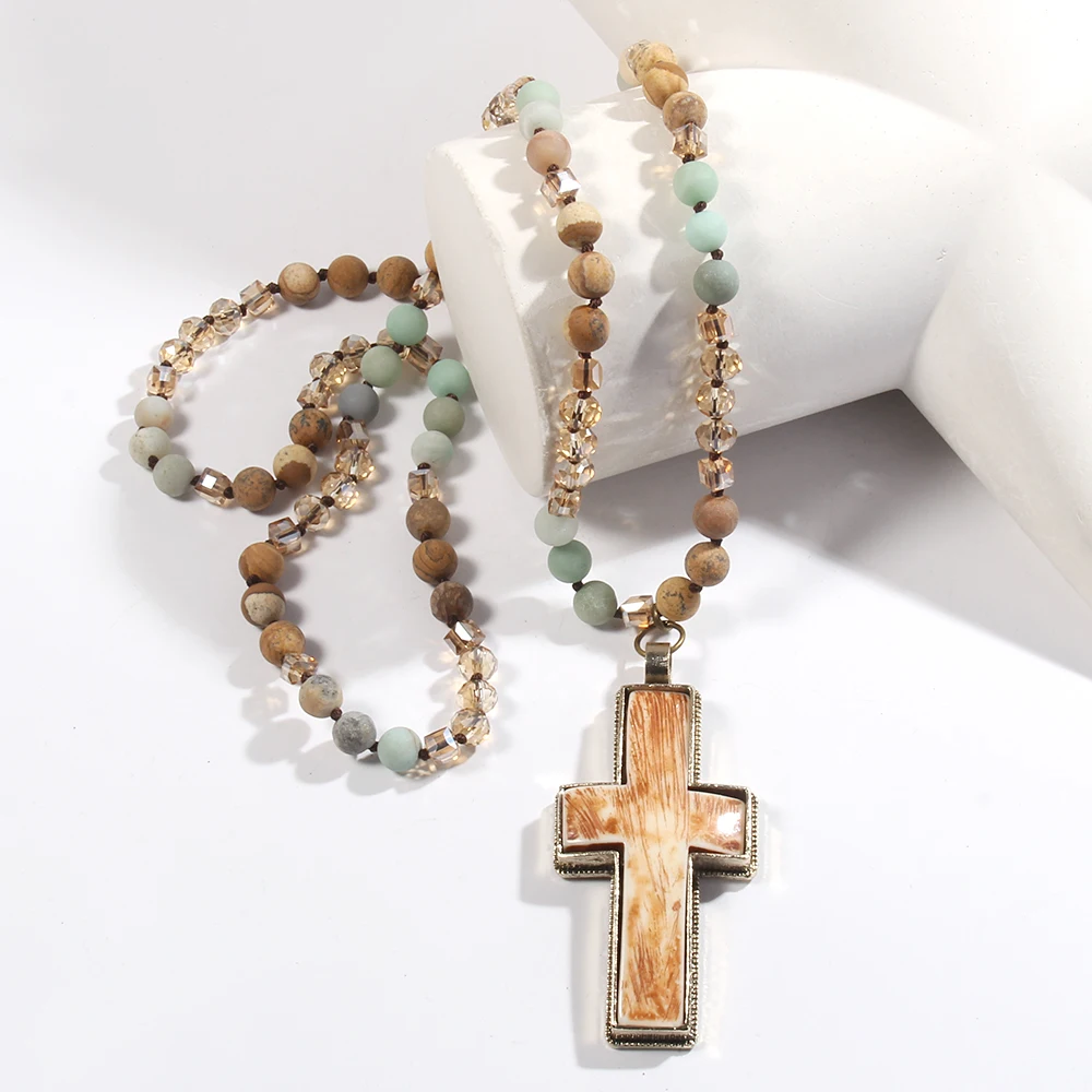 Spring Fashion Bohemian 8mm Natural Stone Crystal Glass Knot Necklace Resin Cross Pendant Necklace Sweater Chain