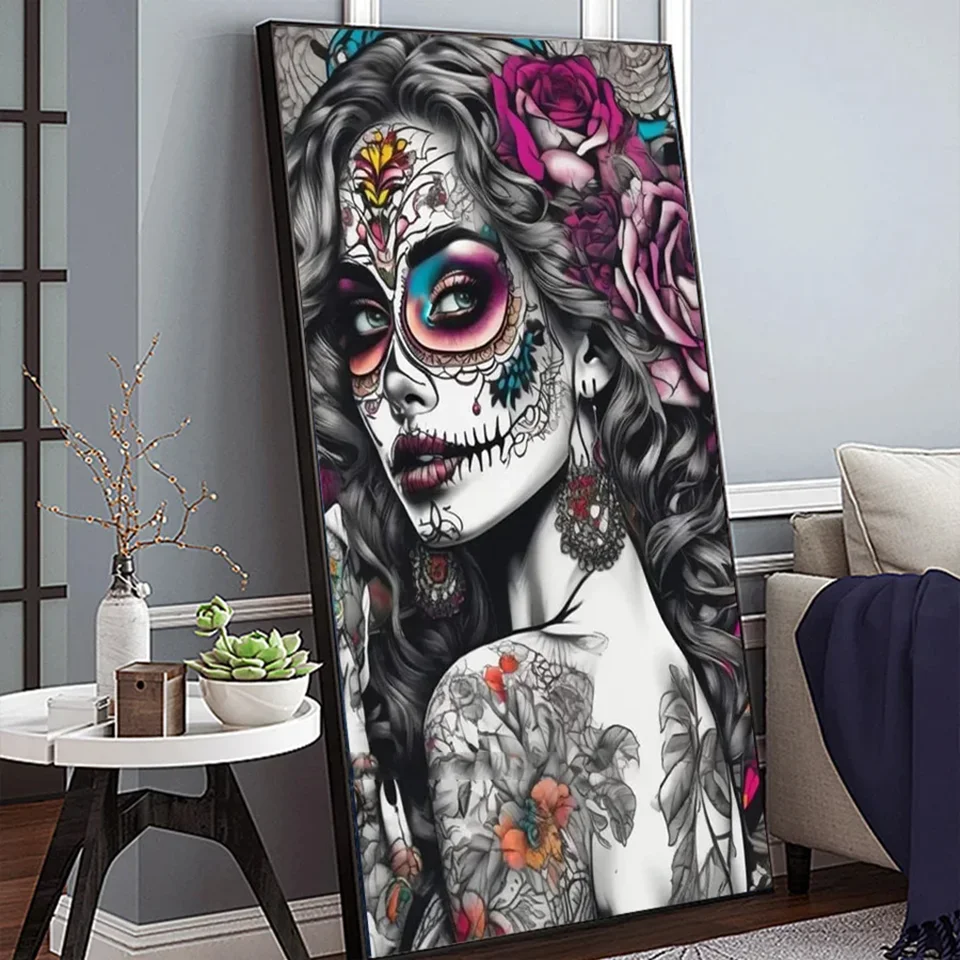 Beautiful tattooed woman Diamond Painting flower Girl Horror Skull Rhinestone Mosaic Embroidery Halloween Wall Decoration Gifts