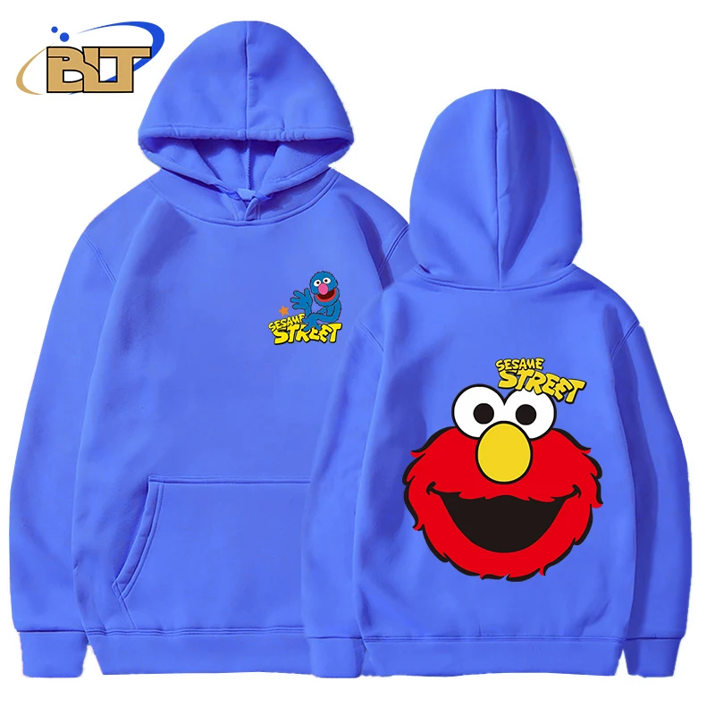 Sesame Street Printed Men\'s Autumn and Winter Hoodie Plus Fleece Sports Sweatshirt Blue Loose Top