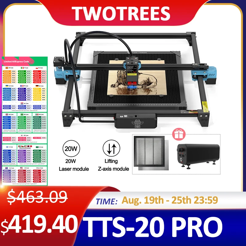 

Twotrees TTS-20 PRO 20W Metal Laser Engraver With Laser Air Assist Honeycomb Panel CNC Router Laser Engraving Metal Cutting Wood