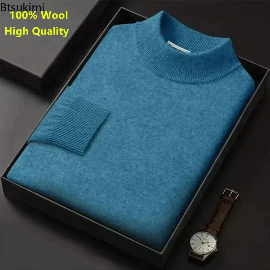New Men's Knit Warm Sweater Pullover Trendy Mock Collar 100% Pure Woolen Sweater 2025 Male Casual Business Cashmere Sweater Tops
