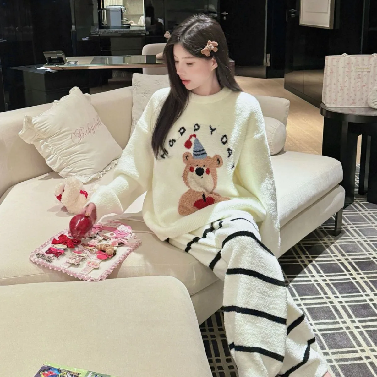 Loose autumn winter striped Japanese cute teddy bear skin friendly comfortable thick women's homewear half flannel pajamas