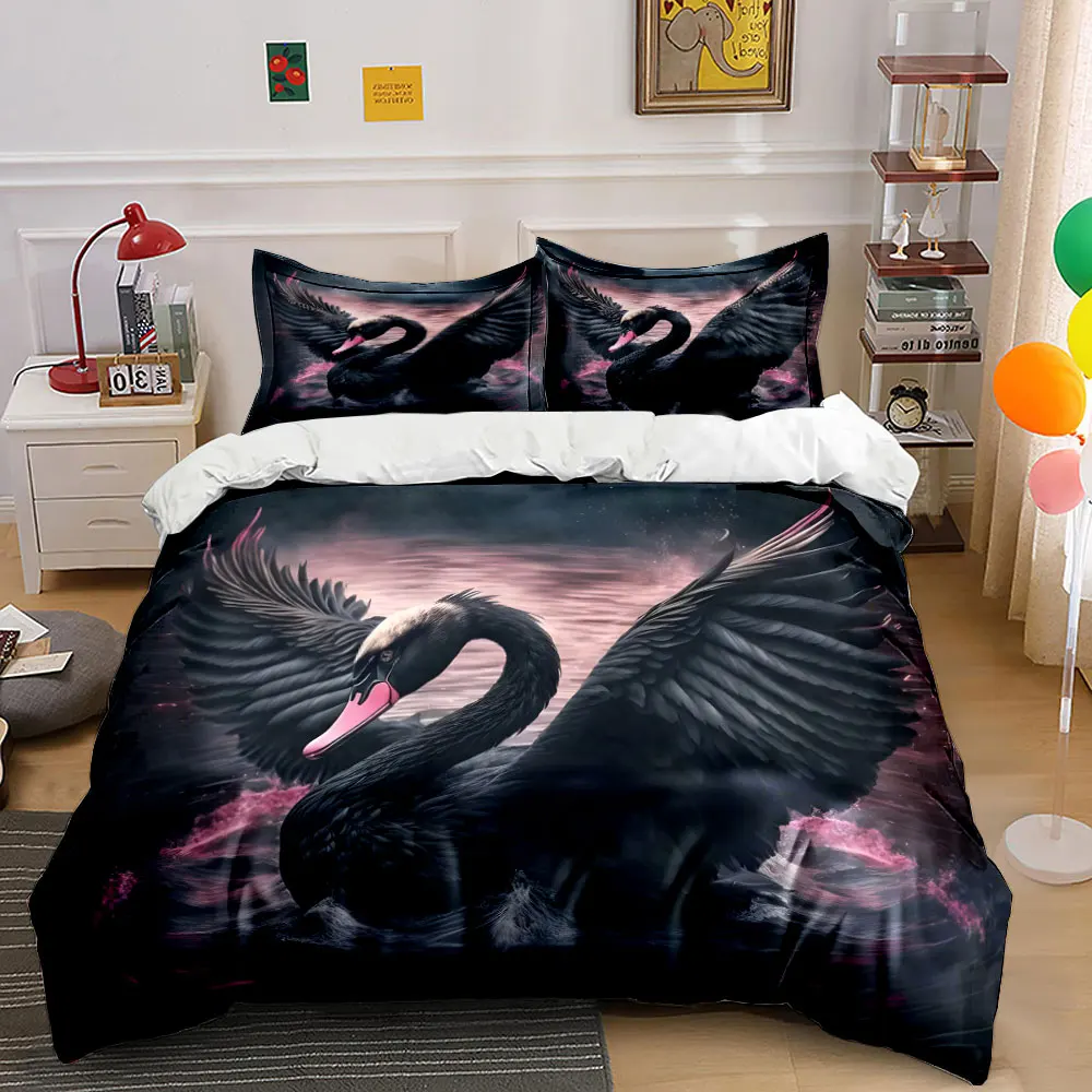 Black swan spreading wings, pink ripples Bedding Set for Kids Luxury Gift 3pcs Digital Print Comforter Set Soft Comfortable