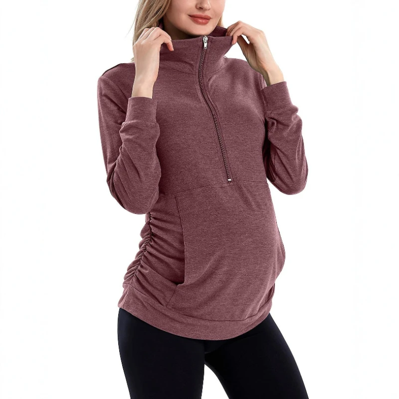 Pregnant Women's Collar Half Zipper Pullover with Pocket Lightweight and Casual Pregnant Women's Pocket Pullover Jacket