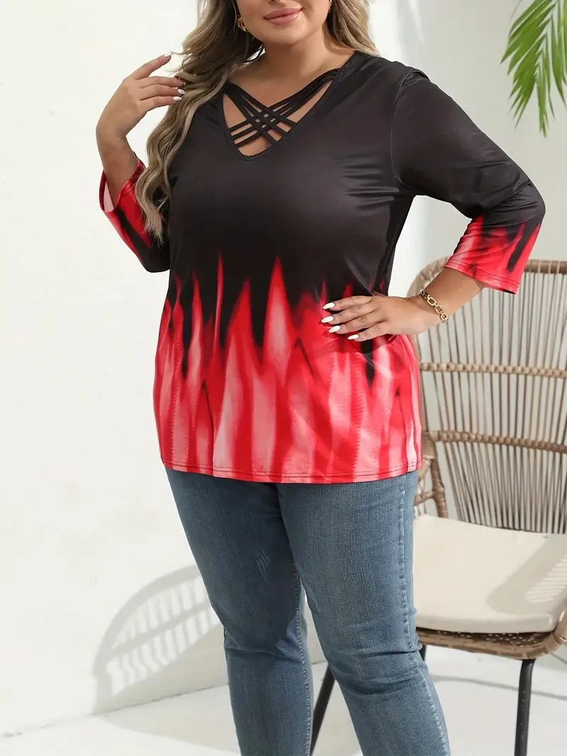 Plus Size CasualT-shirt damski Plus Ombre Print w kratkę pół rękawa dekolt w szpic z lekkim elastyczna koszulka