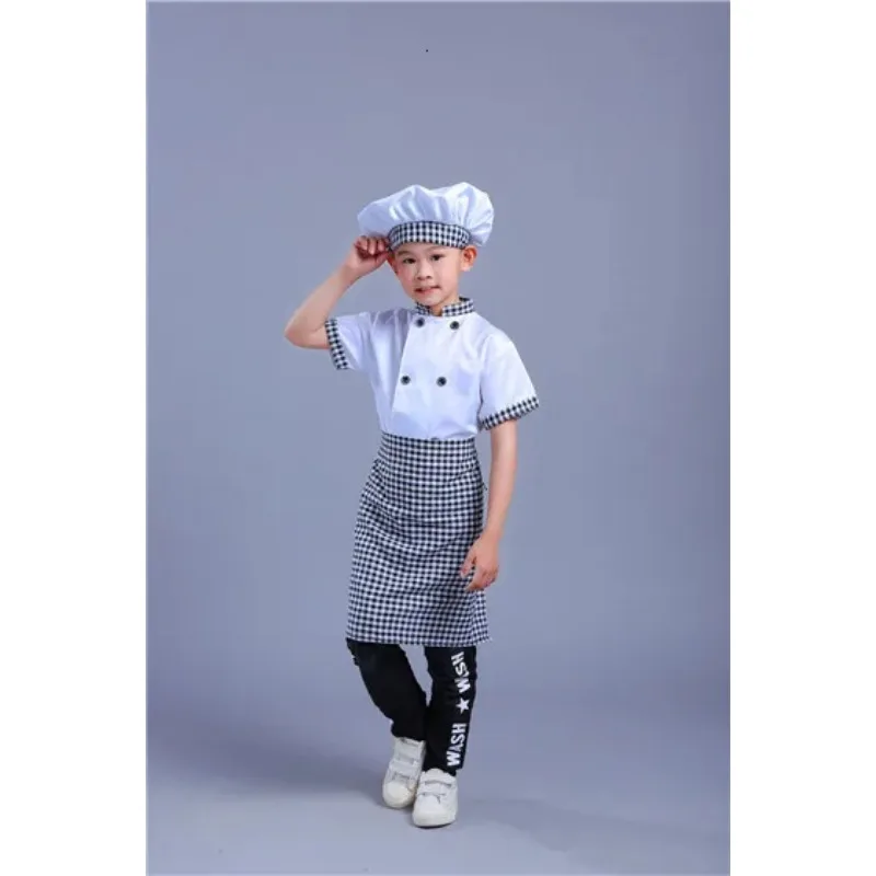 Kids Cook Tshirt Chef Uniform Children Kitchen Hat Cap Work Jackets Restaurant Halloween Performance Stage Party Cosplay Costume