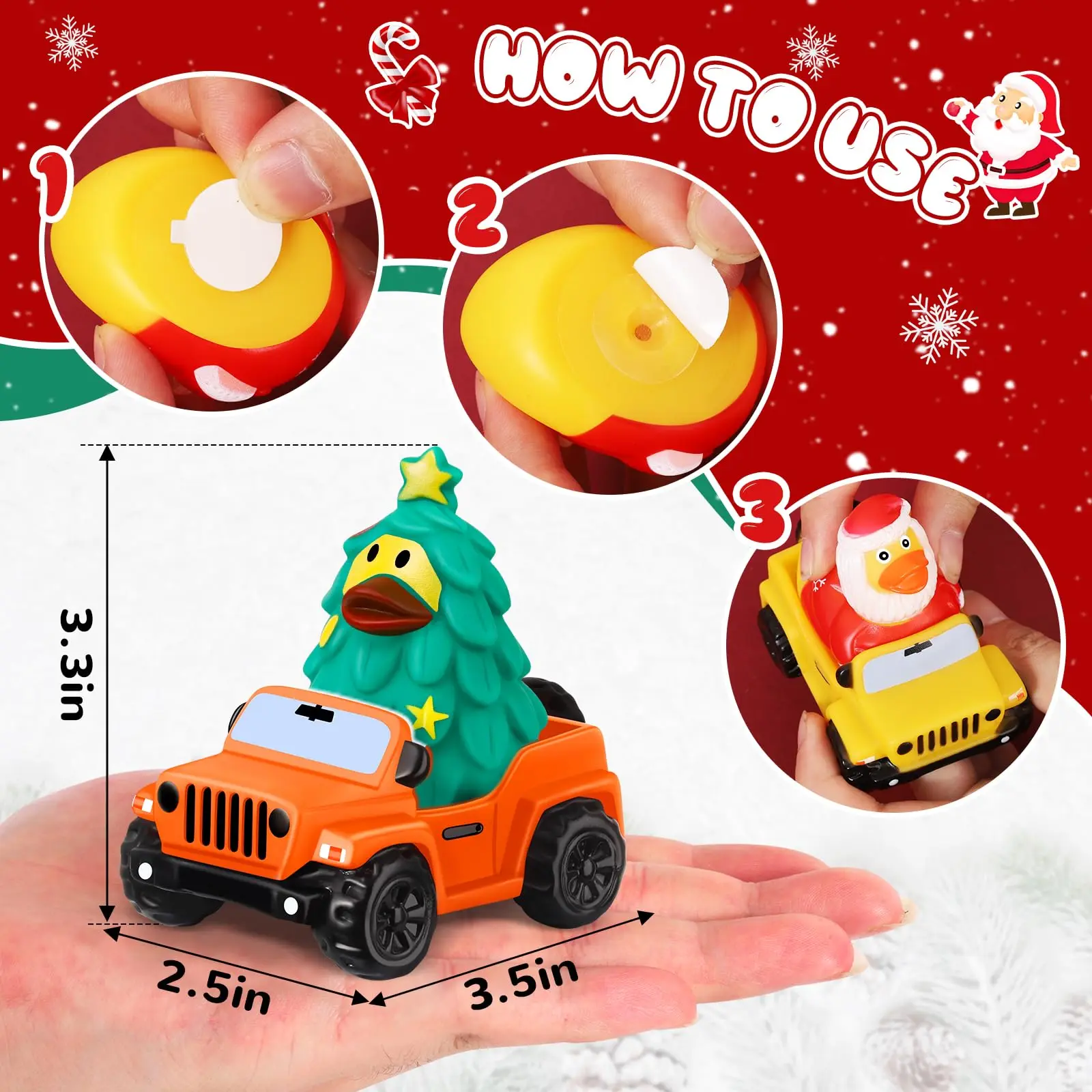 24 patos de goma para patos Jeep navideños, patos Jeep de 3,5 pulgadas para patos, Jeeps adecuados para patos de 2 pulgadas, 12 gomas navideñas