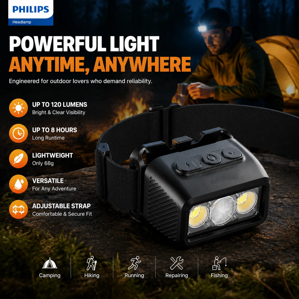Outdoor Lighting Philips - Philips Ultra‑light LED Head Torch 120LM