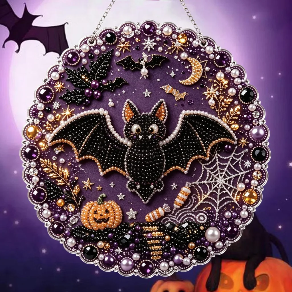 Halloween DIY Diamond Painting Pendant Acrylic Pearl Craft Kit Skeleton Bat Highland Cow Hanging Sign Wreath Door Wall Art Decor