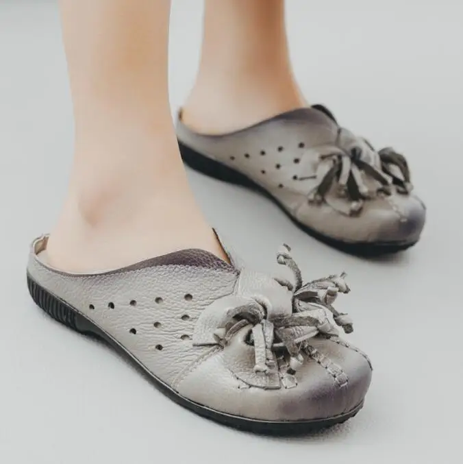 Hollow Sandals Flowers Pattern Genuine Leather Big Daily Sandals Ladies Shoes Spring New Women Slippers