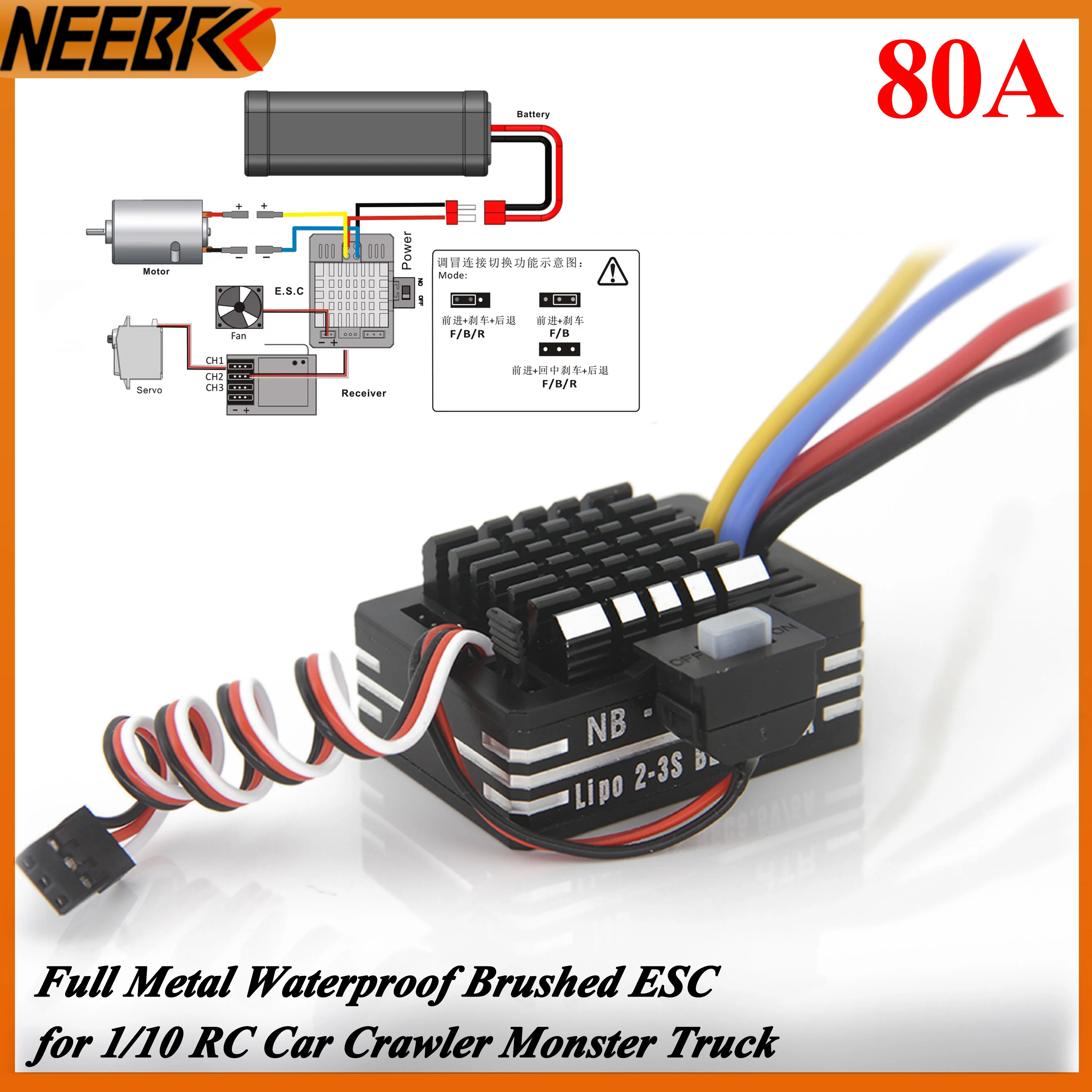 

NEEBRC 80A Waterproof Metal Brushed T/XT60 Plug ESC for 1/10 1/12 RC Car Crawler Monster Off-road Tank Boat 540 550 750 Motor