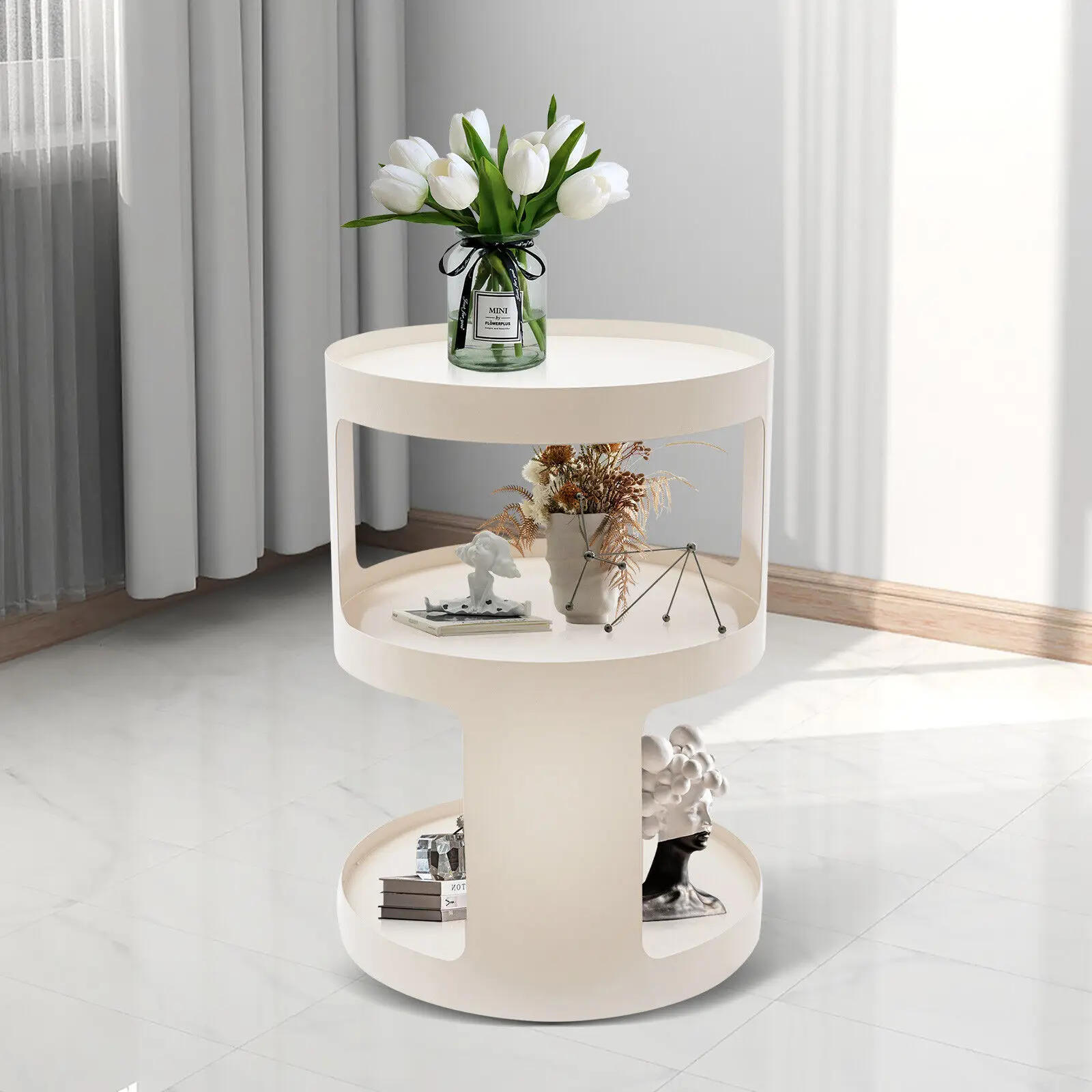 2-Tier Round End Bed Side Table Coffee Sofa Table Nightstand Living Room White