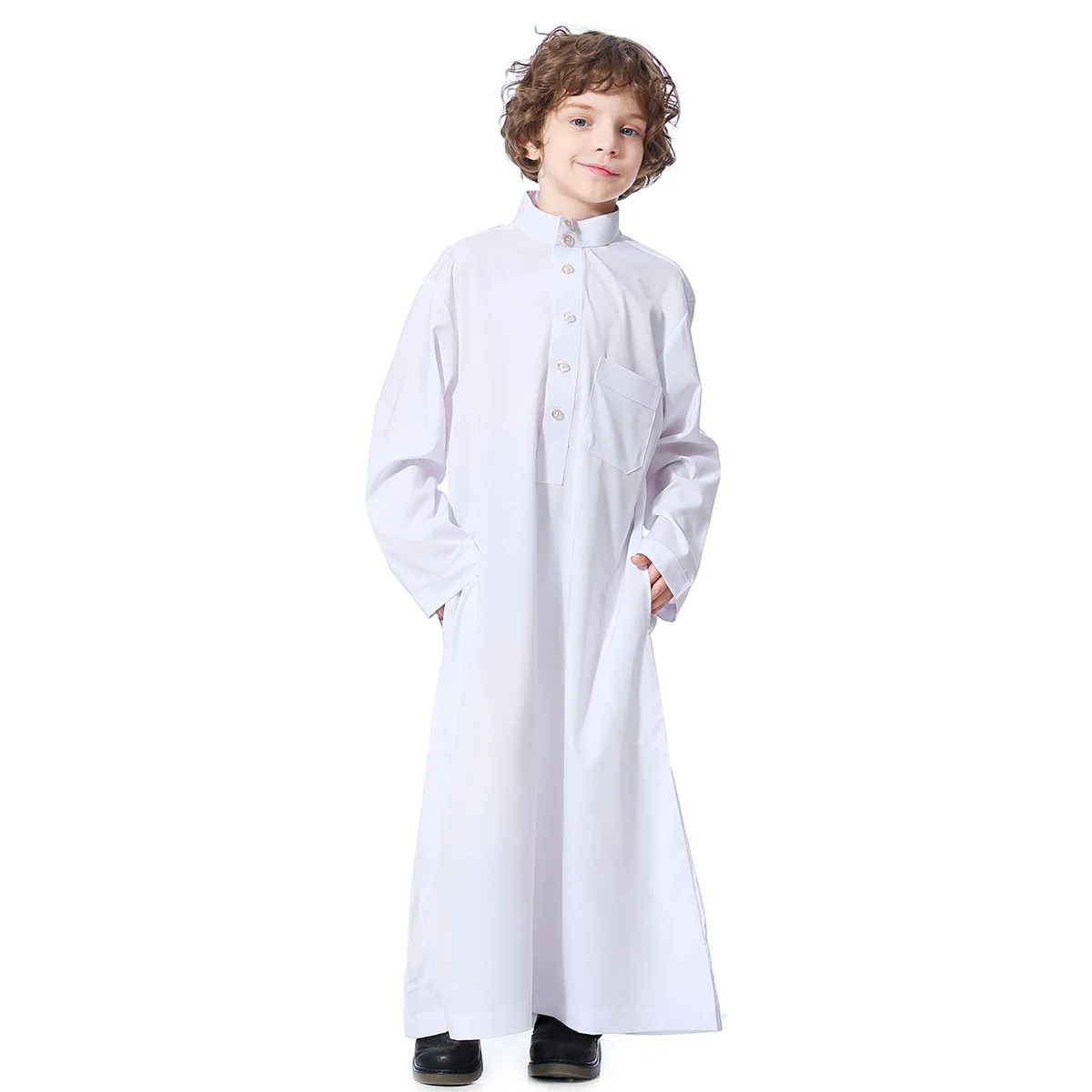 Niños musulmanes Abaya Ramadán Jubba Thobe niño vestido largo niños caftán bata islámica Stand Collar Kaftan Dubai servicio de adoración árabe