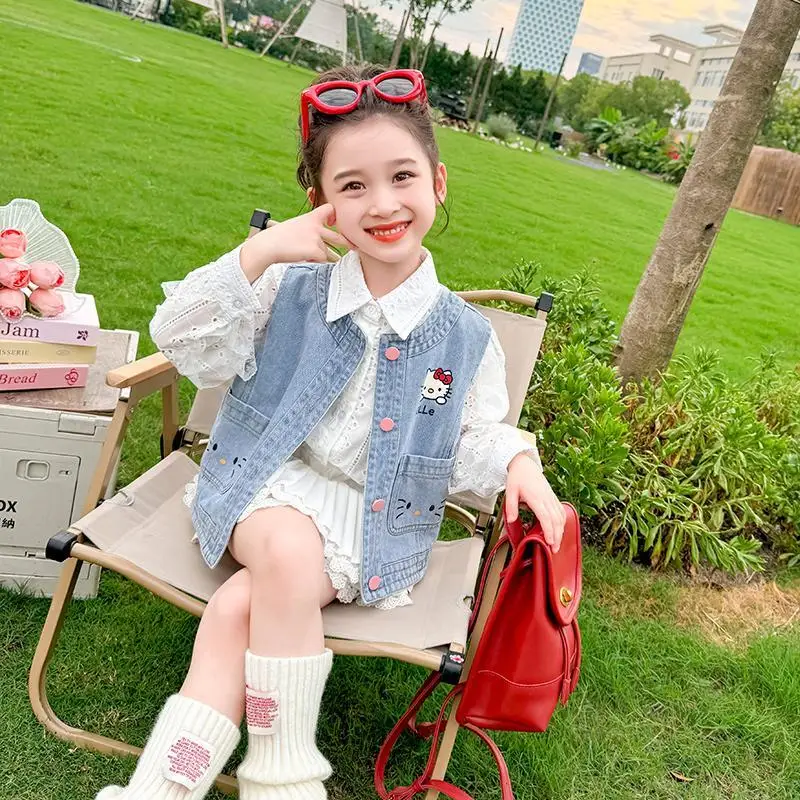 Vest Anime Hello Kitty Kawaii Cowboy Sleeveless Vest Spring and Autumn Wearing Outside Girl 2025 New Fashion Tops All-Match Gift