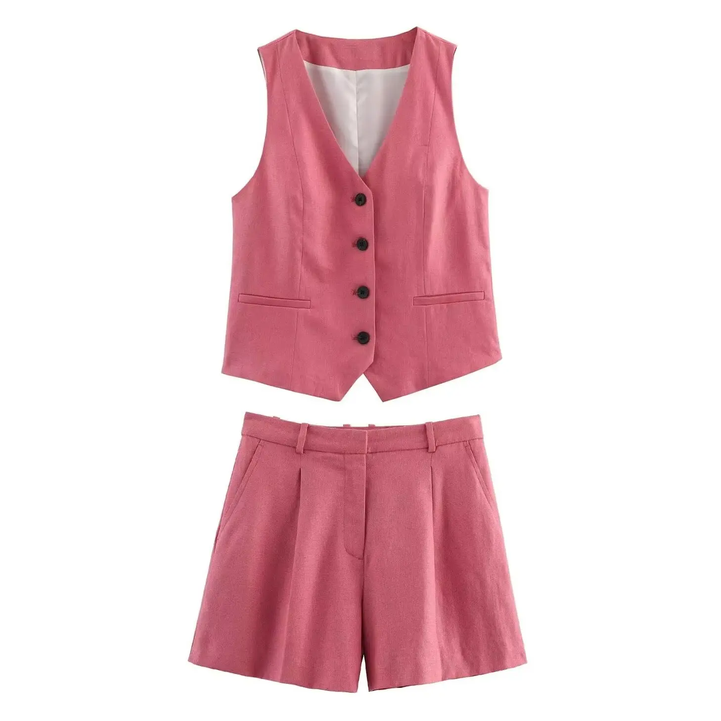 

KONDALA 2025 весенние розовые женские костюмы Llax, однобортный прямой жилет + шорты миби с высокой талией на молнии, модные женские сексуальные комплекты