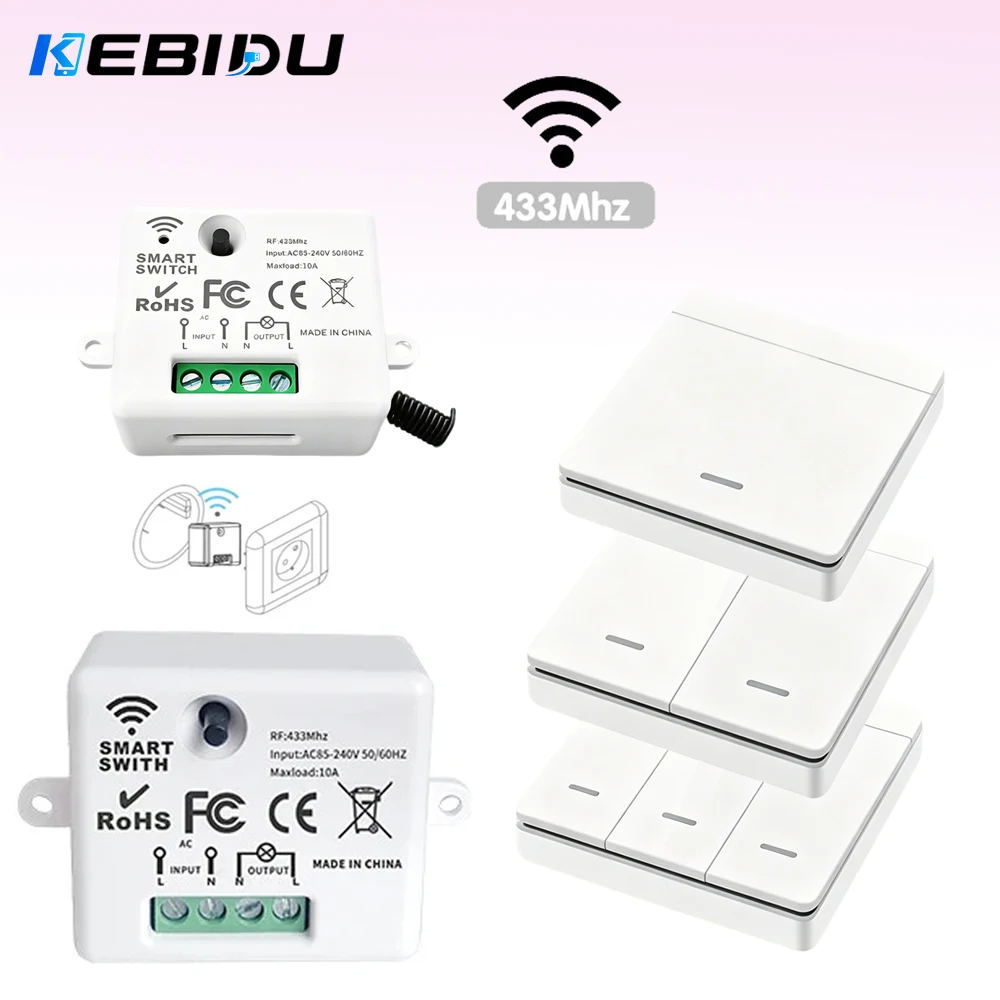 KEBIDU Kabelloser Intelligenter Lichtschalter 433Mhz RF Wandpanelschalter mit Fernbedienung Mini-Relais-Empfänger 220V Heim-LED-Lichtlampe
