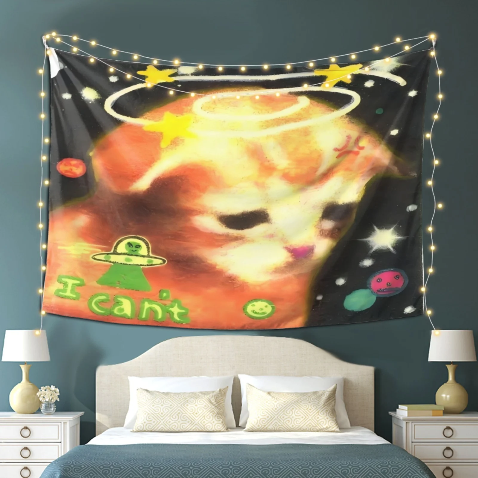 VIKAMA Graffiti Space Cat Tapestry Sad Kitten UFO Wall Hanging Cartoon Galaxy Aesthetic Backdrop for Bedroom Dorm Kawaii Decor