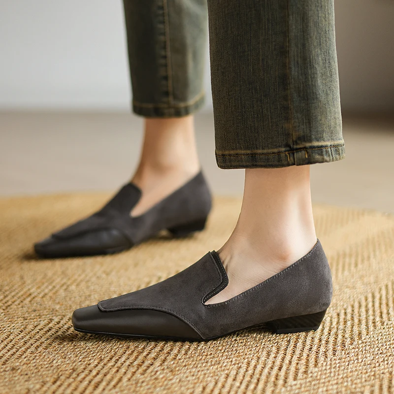 2026new spring autumn women pumps natural leather 22-25cm cowhide+kid suede+pigskin+sheepskin square toe mixed color women shoes