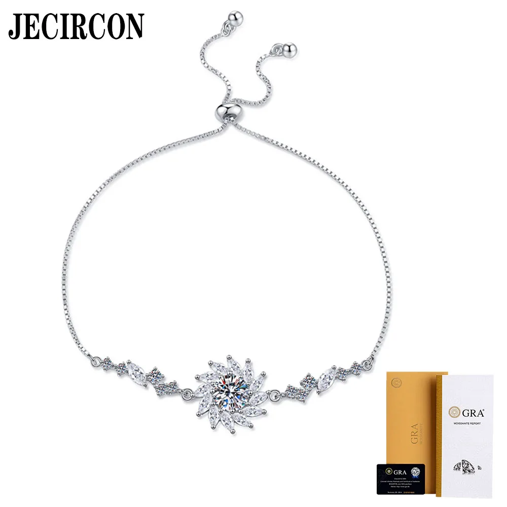 

JECIRCON 925 Sterling Silver Bracelet for Women Light Luxury Bright Sunflower 1 Carat Moissanite Push-pull Hand Chain Adjustable