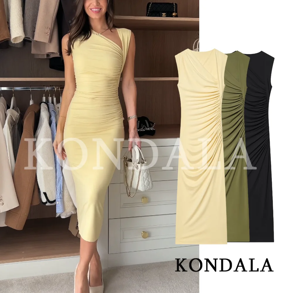 Vestido Elegante Plisado Sin Mangas para Mujer KONDALA, Vestido Chic y Sencillo para Citas y Cenas, Vestido Ajustado, Nuevo Modelo 2026, Vestidos de Fiesta Modernos para Damas