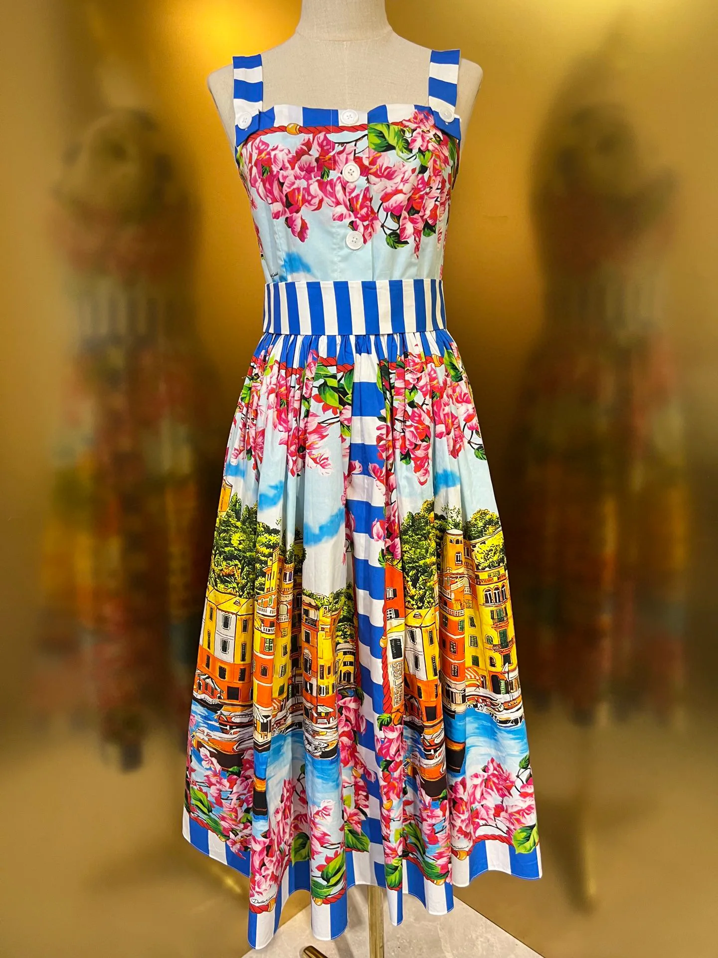 2025 New Arrival 100% Cotton Sicily Blue Scenic Print Dress - Elegant Retro Spaghetti Strap Dress