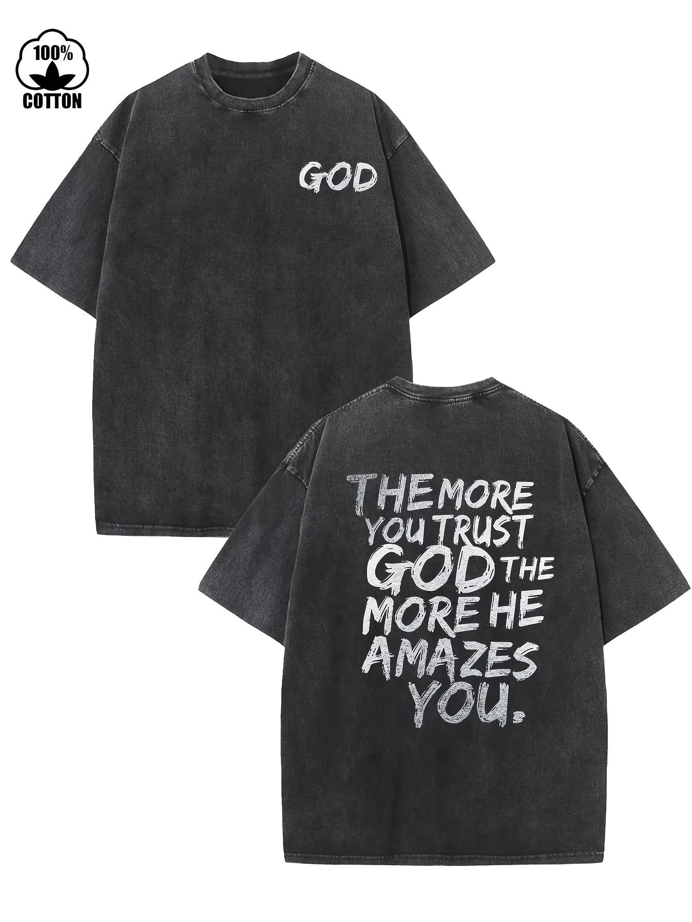 

Religious Theme Double-Sided Printed Short-Sleeve T-Shirt, "THE MORE YOU TRUST GOD" Slogan Crew Neck Top, Vintage Stylish