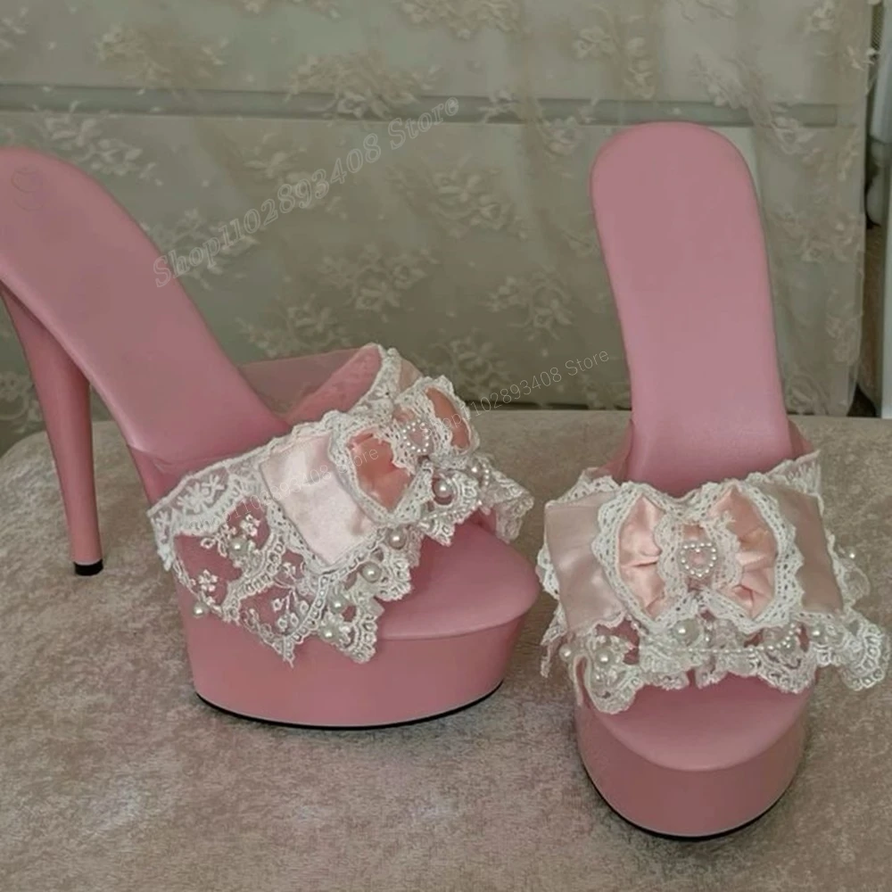 Pink Satin Lace Butterfly Knot Slippers Platform Pearls Stiletto High Heel Fashion Sexy Women Shoes 2024 Zapatos Para Mujere