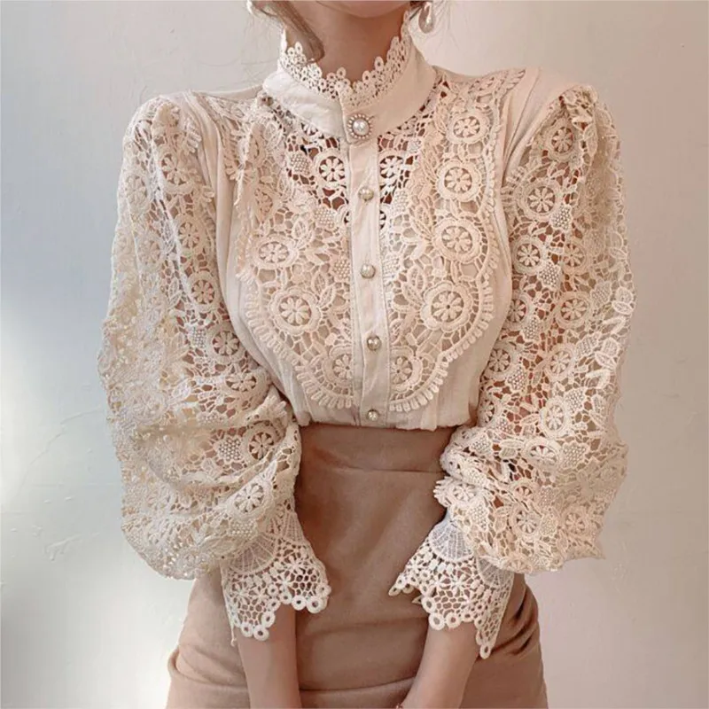 White Lace Blouse Women Spring Summer Sexy Long Sleeve Pearl Button Flower Hollow Out Blusas See Through Mesh Shirt Tops