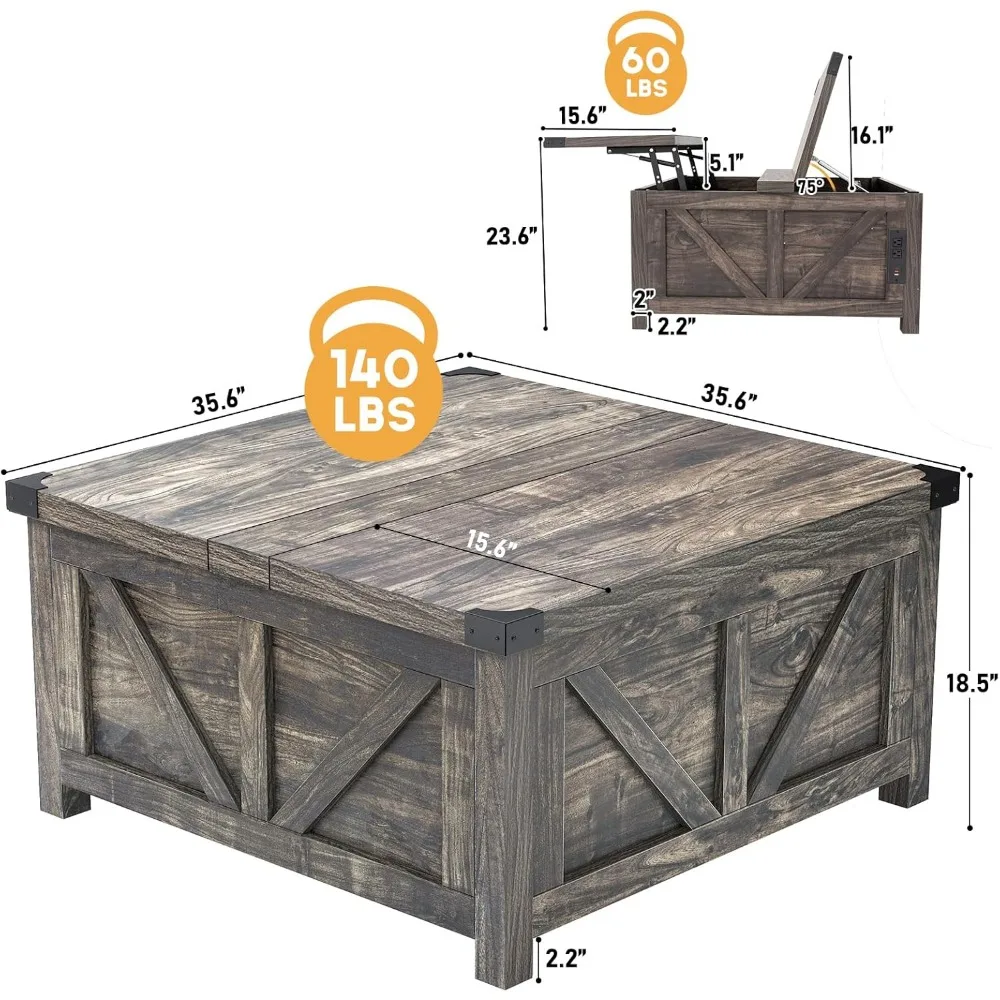 Farmhouse Lift Top Coffee Table with Storage, Wood Square Center Table with Charging Station&USB Ports, Living Room Central