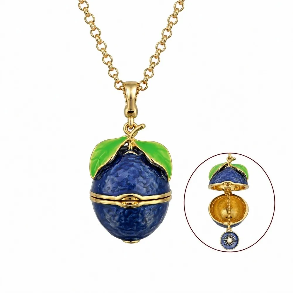 Openable Locket Pendant Necklace Strawberry Blueberry Enamel Necklace Vintage Copper Opening and Closing Lid Clavicle Chain