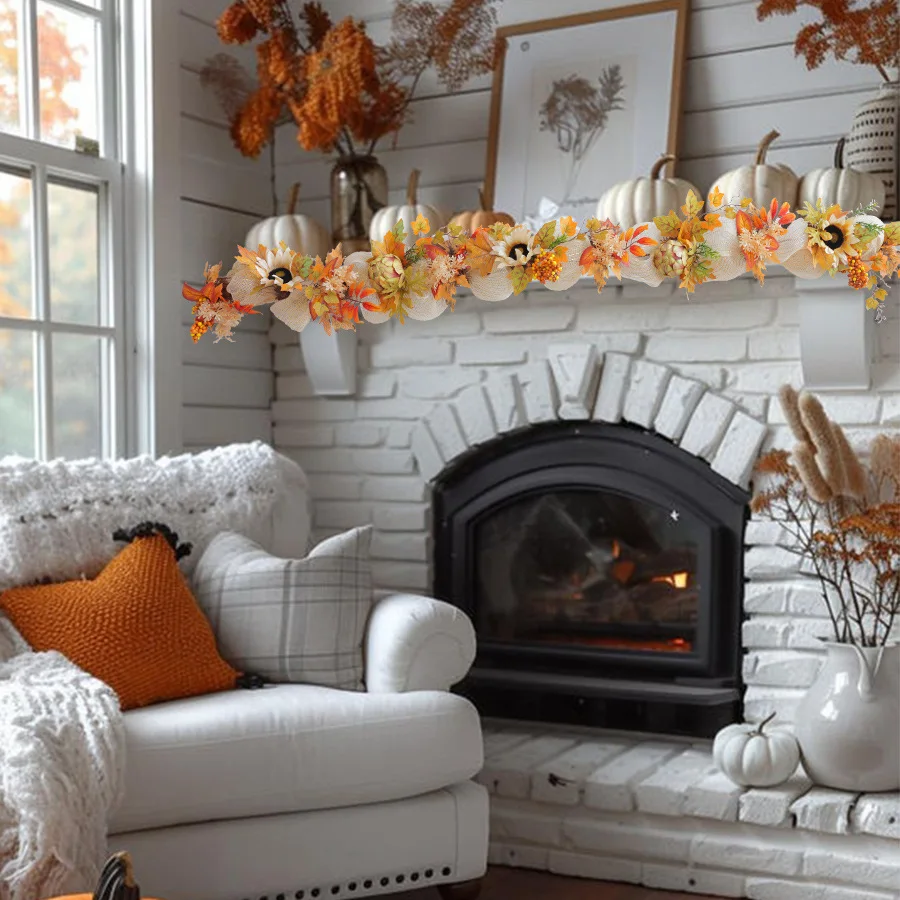 Cross-border wholesale rattan upside-down tree, new autumn color sun wreath style mesh pumpkin pine cone, Europe and America view 3