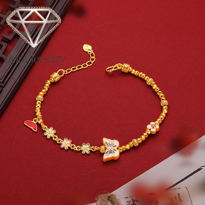 Viora Jewelry 9999 24K genuine gold design with a fiery blue butterfly flower, light luxury and sparkling bouncing Di bead butte