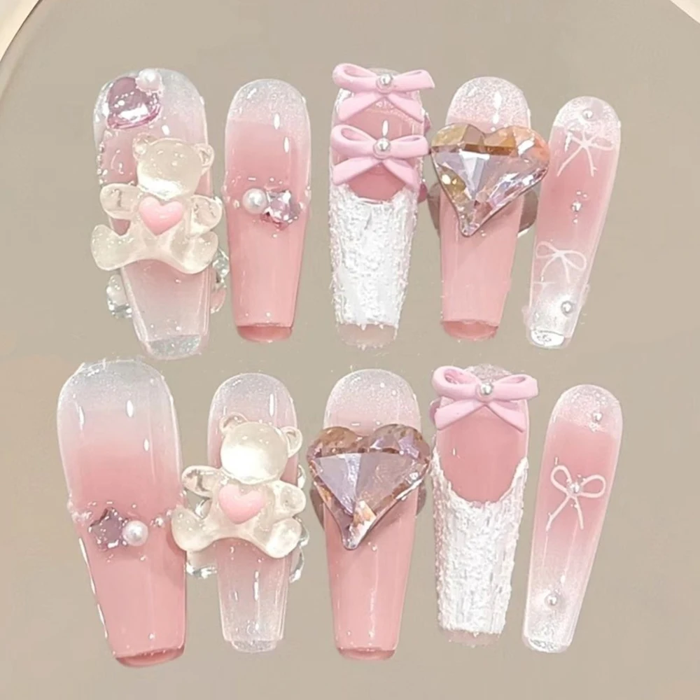 10Pcs Kawaii Sanrio My Melody Cinnamoroll Handmade Wearable False Nails Cartoon Hello Kitty Long Coffin Rhinestone False Nails