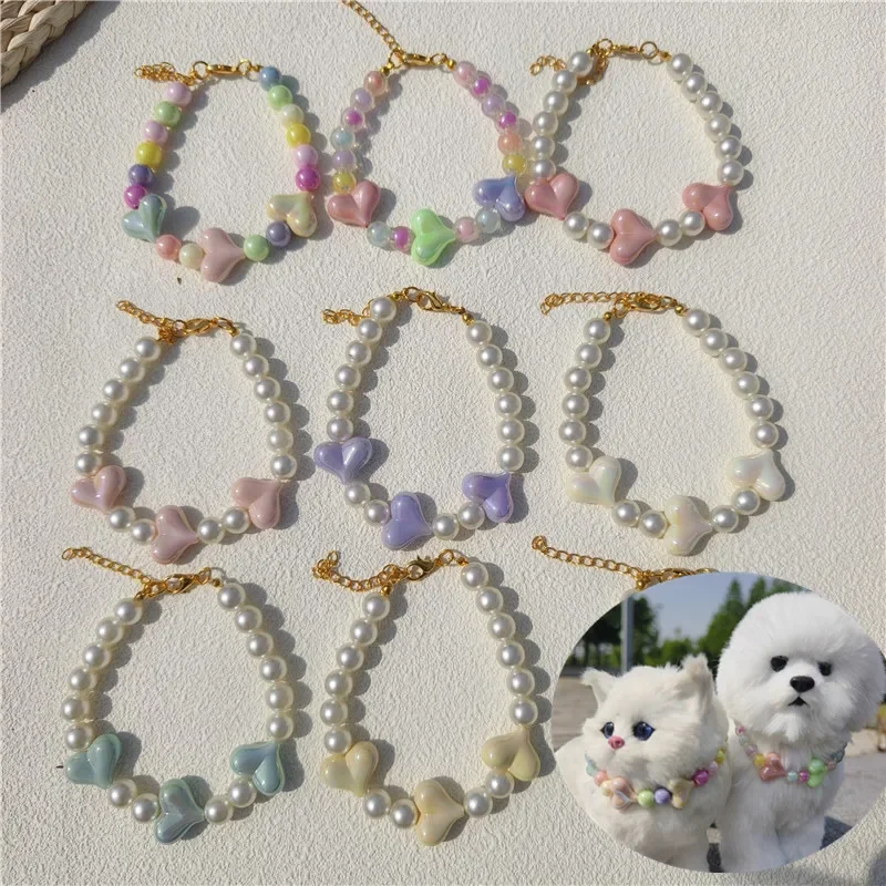 Fashion Pet Dog Collar Colorful Pearl Cat Collar Necklace Adjustable Bow Heart Puppy Accessories Chihuahua Wedding Jewelry Stuff