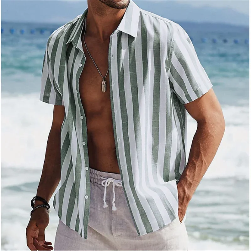 Men\'s shirt summer beach shirt short -sleeved striped striped inside street resort printing fashion casual Hawaii 5xl