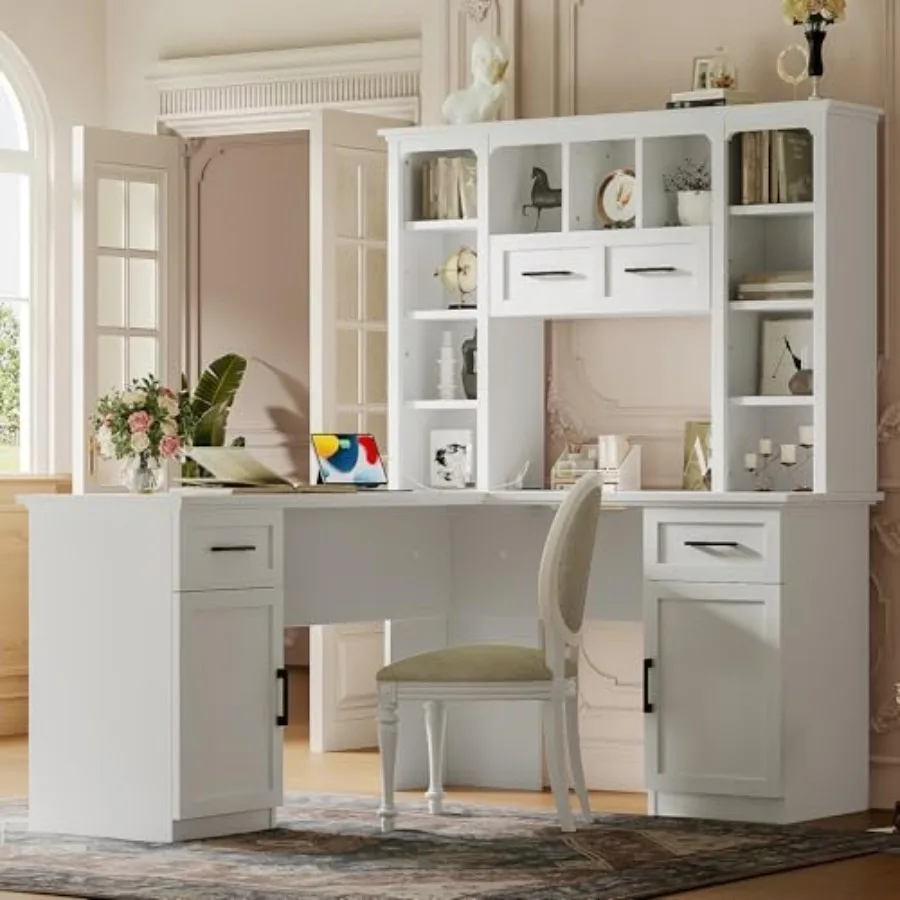 

L Shaped Executive Desk, Farmhouse l Shaped Desk, Home Office Table with Storage Cabinet and Shelf, Farmhouse Corner Table with